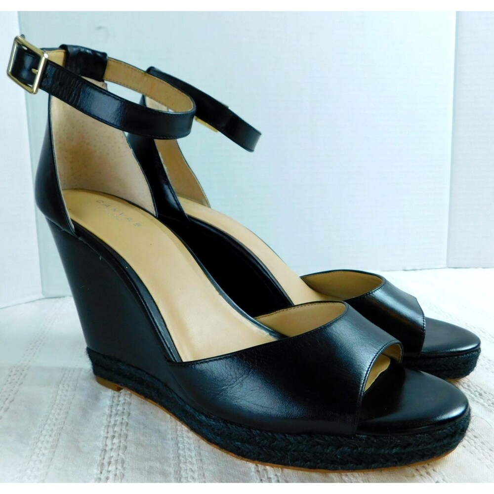 Lands End Shoes Leather Wedge Open-Toe Platform Ankle-Strap Womens 10 "Canvas"
